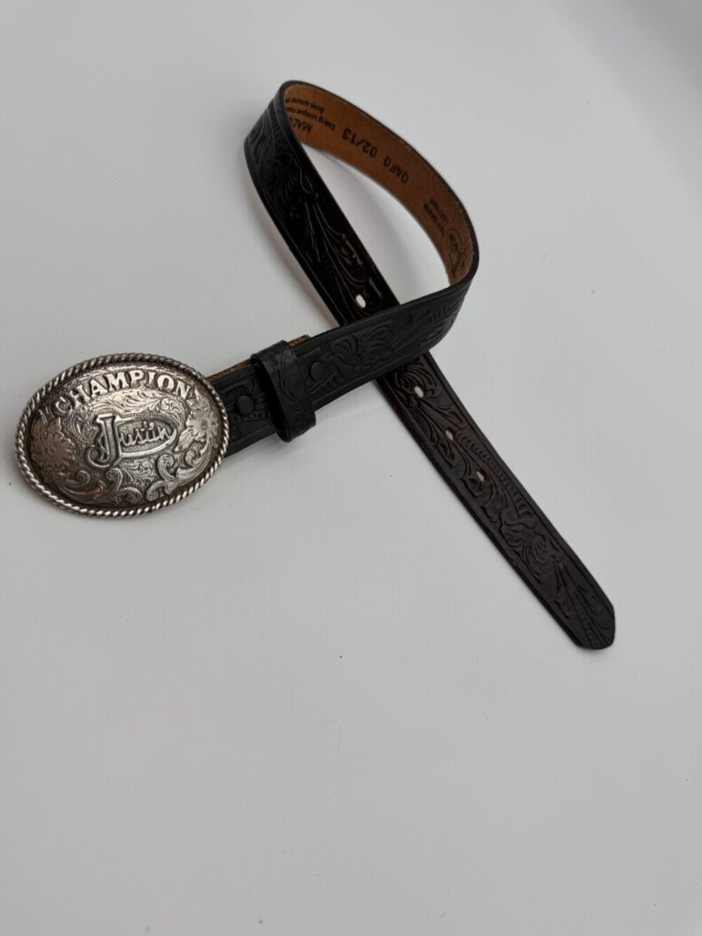 Justin Champion Western Tooled Black Leather Belt Silver Trophy Buckle Vintage